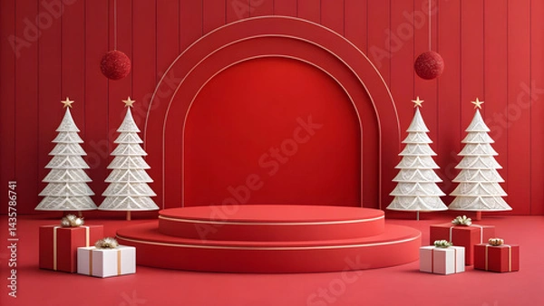 Obraz Minimalist Christmas Scene with Red and White Theme and Geometric Product Display