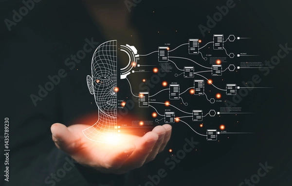 Fototapeta Cutting-edge tech (AI, data access, 5G) drives business success, growth, and innovation, attracting diverse markets and enhancing services for added value and customer satisfaction.