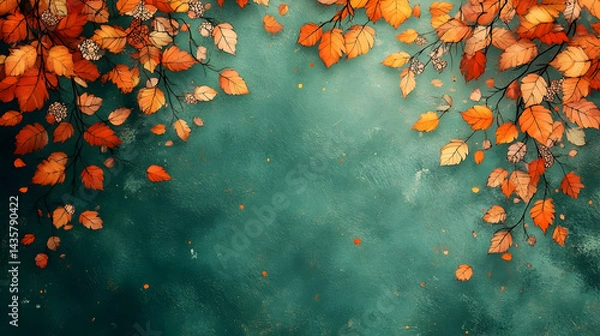 Fototapeta Autumn leaves on teal background  Falling leaves frame textured surface