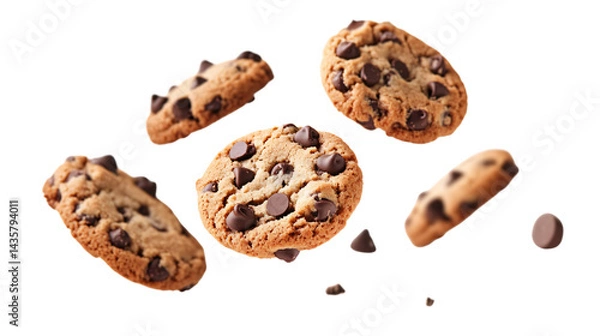 Fototapeta Delicious Chocolate Chip Cookies Floating and Falling Isolated on White Background