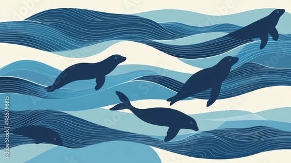 Obraz Tranquil Marine Life Minimal Silhouettes - Seamless Pattern of Seals and Fish with Wave Lines in Soft Blues for Calm Design Aesthetics
