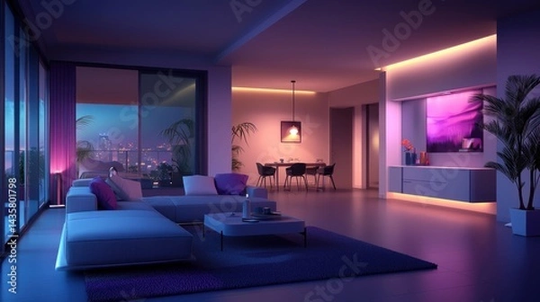 Fototapeta Modern apartment living room at night with city view