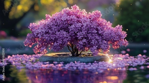 Obraz single lilac bush standing alone in a green field, sky with light clouds  