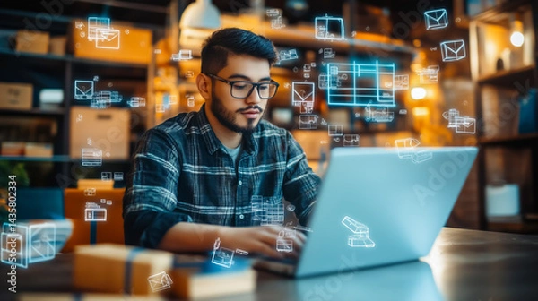 Fototapeta Entrepreneur using a laptop in a warehouse to manage an online store. Digital icons for orders and logistics symbolize e-commerce, shipping, and small business success.