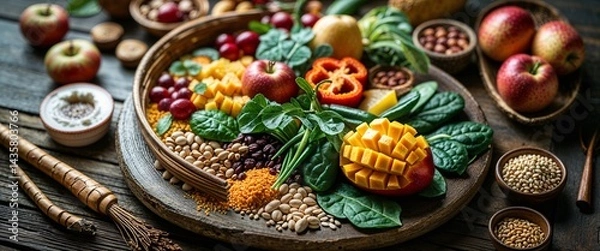 Fototapeta A vibrant still life composition featuring an assortment of natural foods from diverse international cuisines, including fresh fruits, such as juicy apples and ripe mangoes, alongside an array of colo