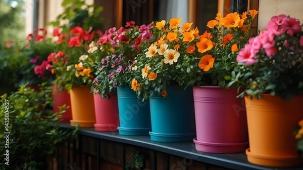 Fototapeta A beautiful row of vibrant flowering plants in colorful pots creates a cheerful scene.