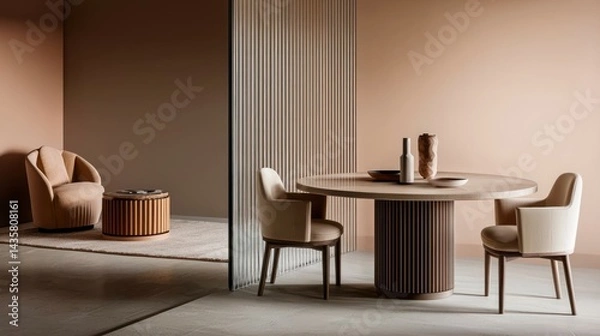 Fototapeta Modern dining room interior with round table and chairs, minimalist design, beige and brown tones