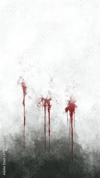 Fototapeta Three splatters of blood drip down a white canvas, creating a dark, ominous impression