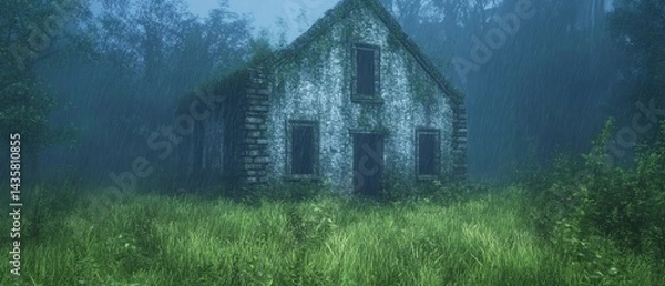 Obraz Overgrown house in the fog, green grass