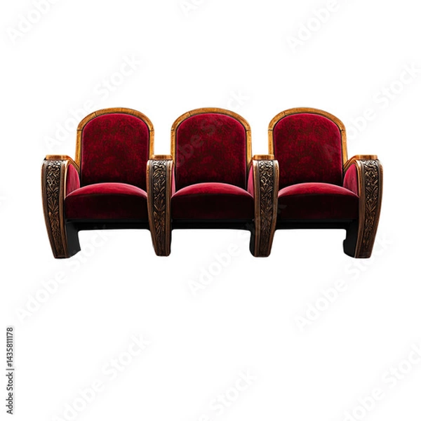 Fototapeta Three opulent vintage theater seats with plush red velvet upholstery and ornate carved wood detailing stand elegantly against a pristine white backdrop offe comfort.