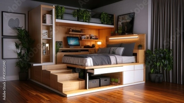 Fototapeta Multi-functional bed with built-in workspace, plant decor, modern design in stylish bedroom