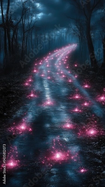 Obraz A winding path is lit by glowing lights through the trees, under a dark, cloudy sky