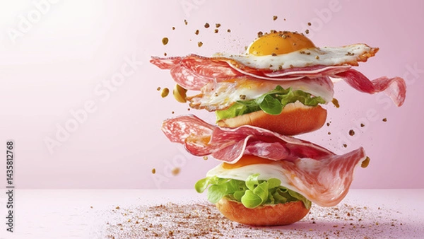 Obraz Mouthwatering breakfast stack with fried eggs, lettuce, and salami floating on pink background