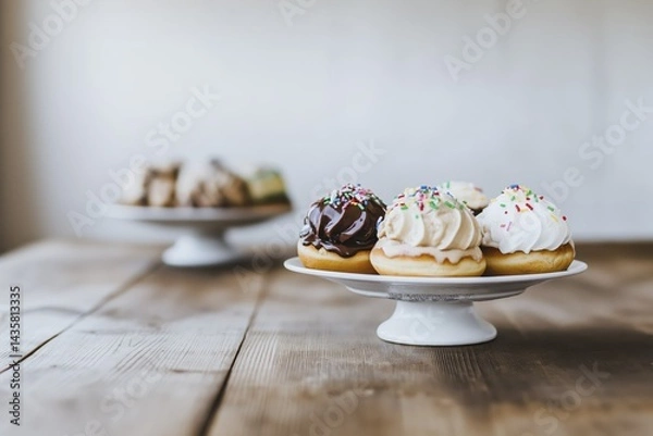 Obraz Assorted donuts on cake stands with frosting and sprinkles