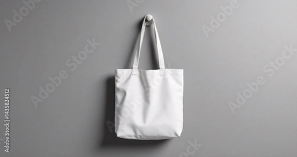 Fototapeta Totebag hanging on monochrome grey wall, clean and symmetrical setup with soft studio lighting. Great for mockup or product branding presentation.