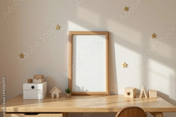 Fototapeta Cozy Minimalist Workspace with Wooden Desk and Cute Decorative Elements in Natural Light