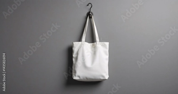Fototapeta Totebag hanging on monochrome grey wall, clean and symmetrical setup with soft studio lighting. Great for mockup or product branding presentation.