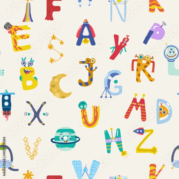 Obraz Cute seamless space themed letter pattern on beige background