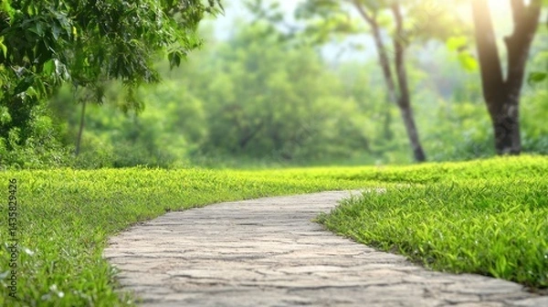 Obraz Winding Path to Serenity: A stone path gracefully curves through a vibrant green garden, leading the viewer's eye towards a blurred background of lush foliage and gentle sunlight.