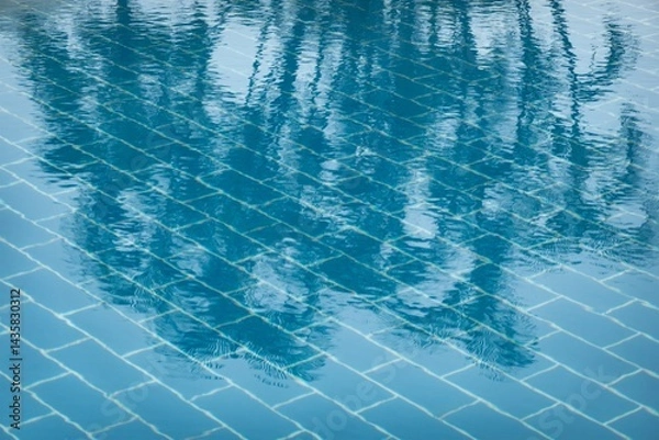 Fototapeta Swimming pool with blue water and palm trees reflected on surface
