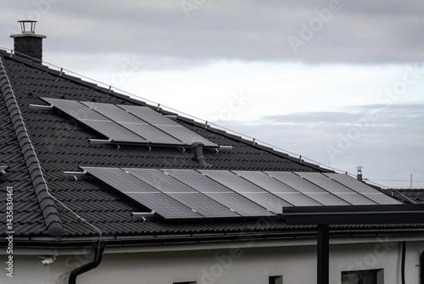 Fototapeta Grey roof with solar panels to generate green renewable energy in overcast weather
