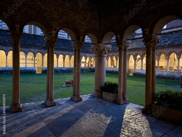 Fototapeta Courtyard with patio and columns in Basilica di San Zeno Maggiore in Verona at night