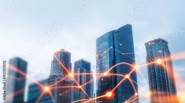 Fototapeta Cityscape Network: High-angle view of sleek skyscrapers connected by an abstract network of glowing lines, symbolizing urban connectivity and technological advancement.