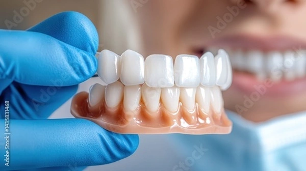 Obraz Perfect Smile: A close-up shot showcases a perfect set of dentures held in a gloved hand, symbolizing dental health. In the background, a bright smile reinforces the promise of a healthy.