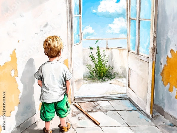 Fototapeta Little boy standing inside a worn room looking out through an open door towards a bright blue sky and green plants