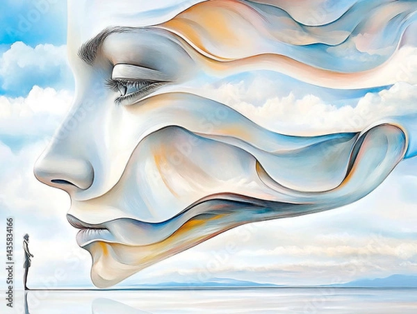 Fototapeta Surreal painting of a giant ethereal face merging with flowing clouds while a small figure stands nearby