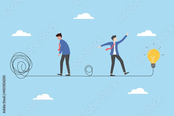 Obraz Businessman Walking from Confusion to Success, Concept of Problem Solving and Finding Idea, Flat Illustration in Minimalist Style