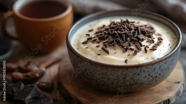 Fototapeta A ceramic bowl filled with creamy dessert, topped with dark chocolate shavings and a cup of tea.