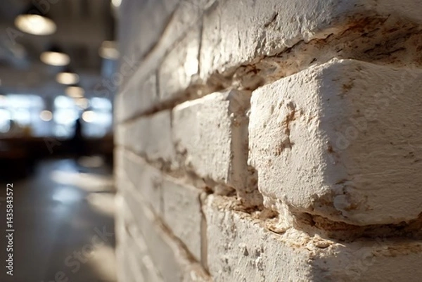 Fototapeta Close-Up of Textured White Brick Wall in Cafe Environment