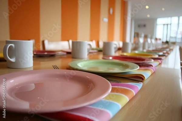 Fototapeta Colorful Table Setting with Plates and Cups in Bright Dining Room