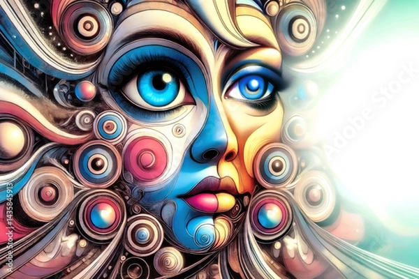 Obraz A surreal, colorful face composed of swirling abstract patterns, bold blue eyes, vivid highlights, and intricate details merging fantasy, emotion, and dynamic artistic expression.