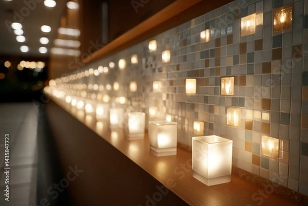 Fototapeta Soft Glowing Lights from Square Candles on a Decorative Wall