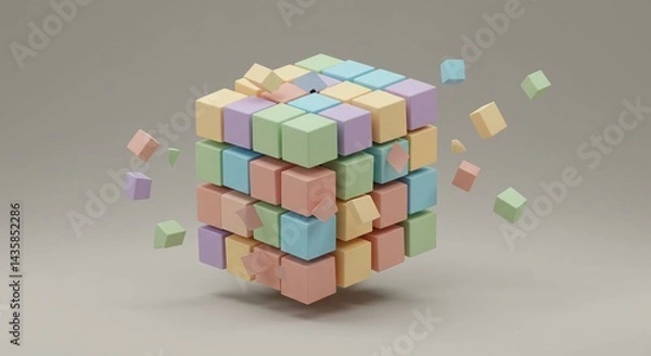 Fototapeta Abstract Pastel Cube Disintegrating Colorful Blocks Exploding 3D Render