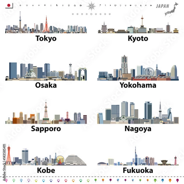 Obraz wektorowa ilustracja japońskich panoram miasta z ikonami lokalizacji, nawigacji i podróży; flaga i mapa Japonii