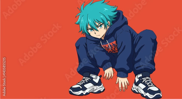Fototapeta Anime boy crouching, in blue hoodie, against red background, for social media posts