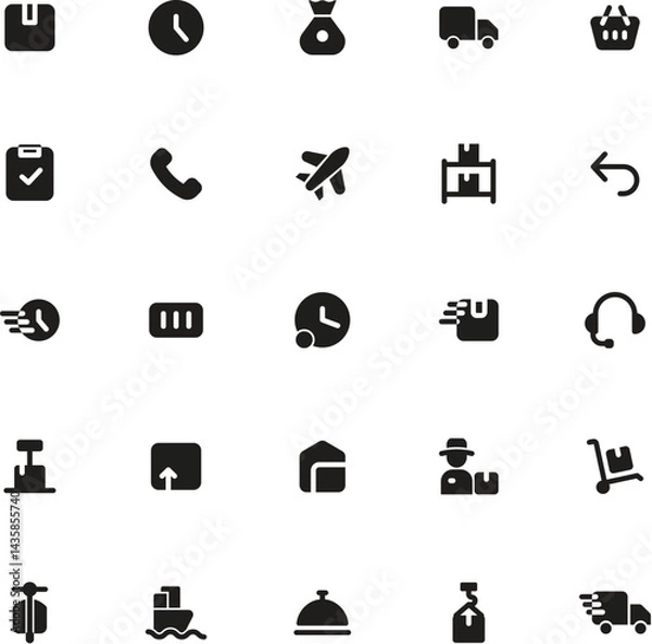 Obraz Set of 25 black delivery icons suitable for websites, apps, and marketing materials needing shipping or logisticsrelated graphics