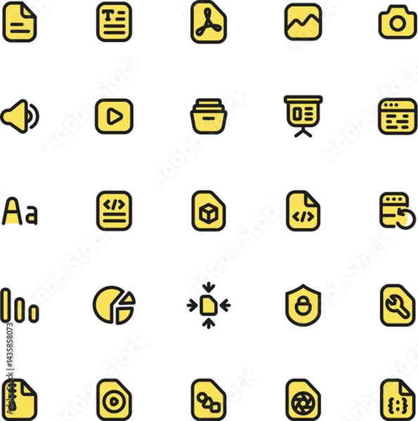 Fototapeta The collection features 25 vibrant yellow and black icons for web design or computer applications. Perfect for modern digital projects