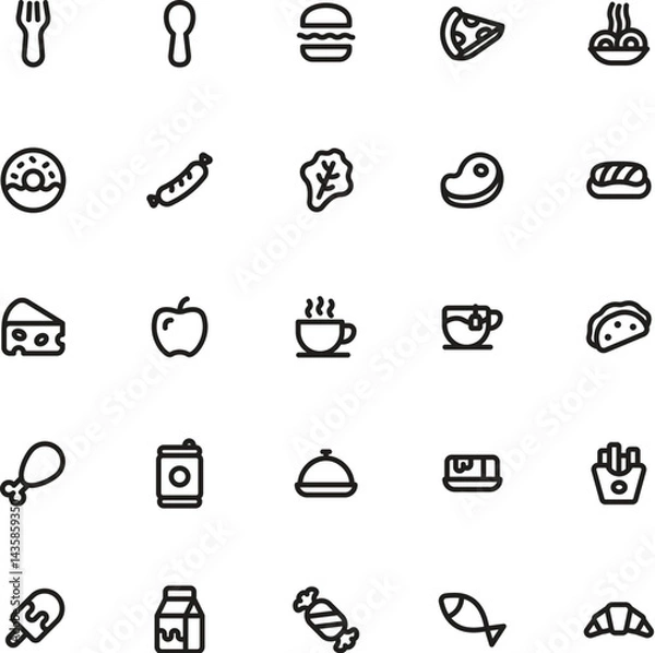 Obraz Set of food and drink icons suitable for web design, restaurant menus, food blogs, and social media posts visuals