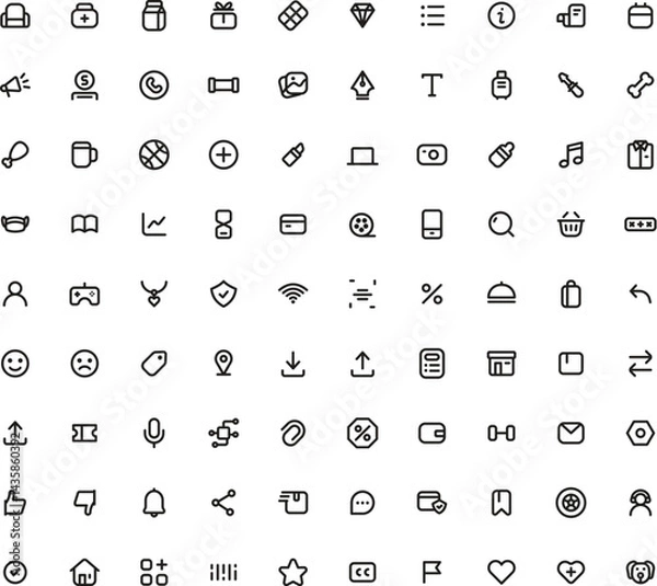 Fototapeta Set of 90 black line icons suitable for web design, graphic design, presentations, and social media projects. Versatile and modern.