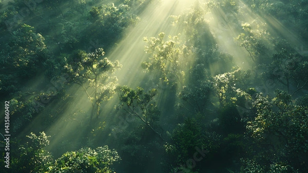 Fototapeta Sunbeams Through Canopy: Sunbeams pierce through the dense foliage of a lush forest, casting ethereal light on the verdant undergrowth, a mesmerizing display of nature's beauty. 