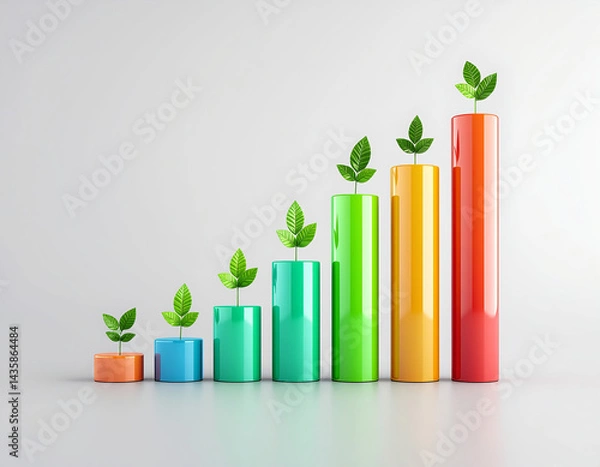Fototapeta Colorful bar chart representing growth, featuring vibrant columns in blue, green, yellow, orange, and red, each topped with green leaves symbolizing sustainability and environmental progress
