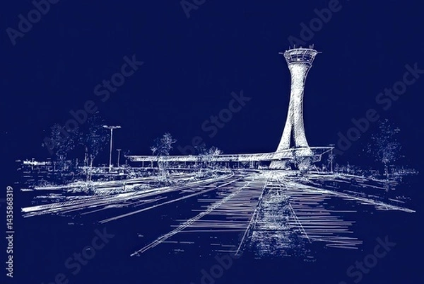 Fototapeta Futuristic Airport Architecture with Control Tower and Runway Design