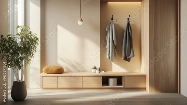 Fototapeta A calming entryway design with light wooden tones