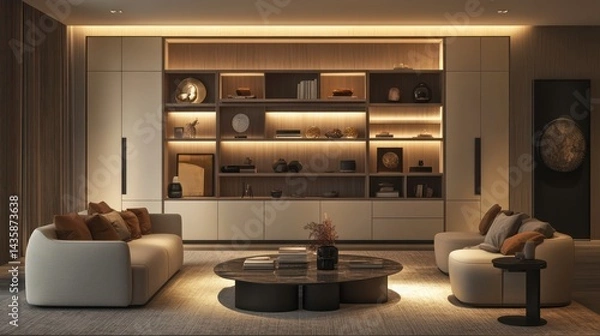 Fototapeta A chic living room with modular storage furniture arranged as a feature wall