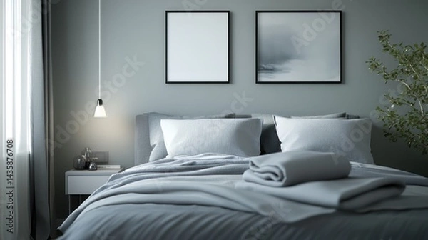 Obraz A cozy and serene Scandinavian bedroom featuring clean lines