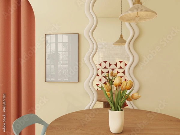 Obraz frame mockup on wall in colorful and retro kitchen decor scene. Blank canvas mock-up, 3D RENDER